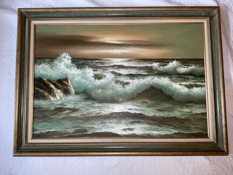 Vintage SEASCAPE coast ocean oil Painting original hand painted by Useru beach