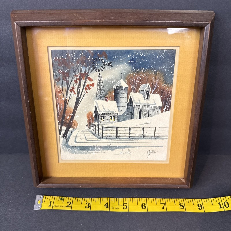 Vintage George Sperl Watercolor Framed And Double Mat Farm Winter Scene