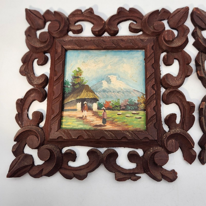 ECUADORIAN FOLK ART OIL on PLASTIC VINTAGE PAIR LANDSCAPE Handmade Frames 8" Sq gallery