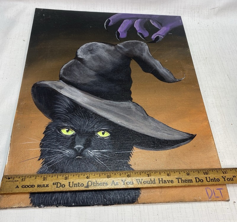 AWESOME HALLOWEEN Painting Black Cat & Witch Hand 11" x 14 1/2" Signed gallery