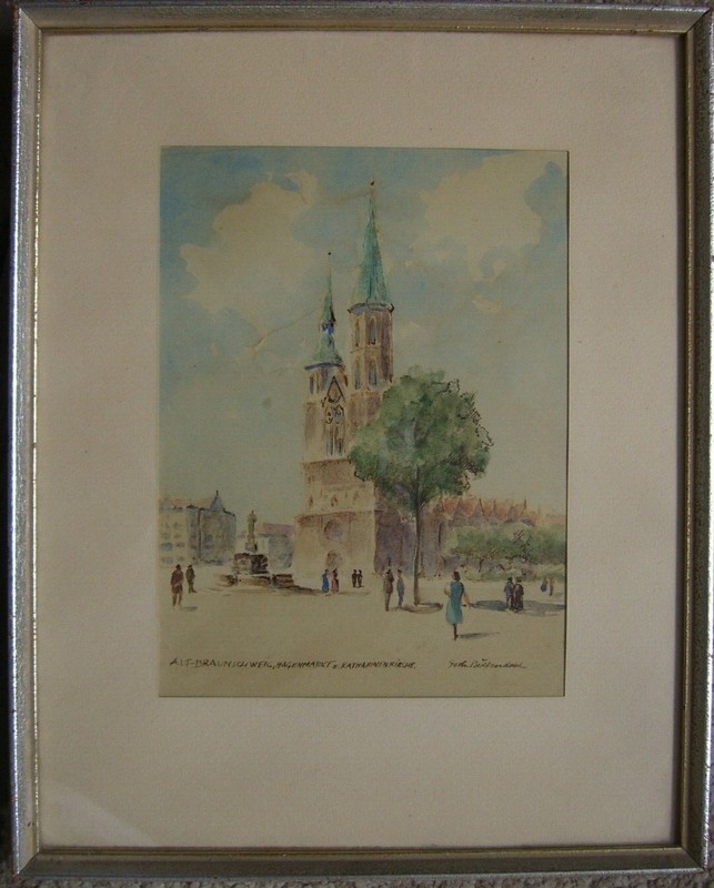 Watercolor Braunschweig Hagenmarkt St. Catherine’s Church Antique Frame Signed