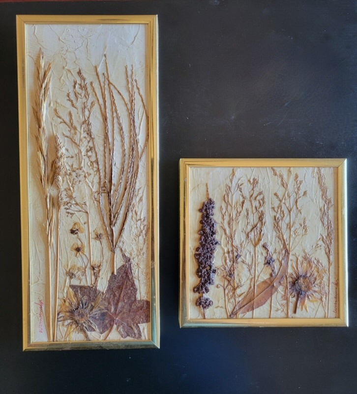 Super Groovy Framed Dry Flowers 2pc Signed Artwork 1970s Home Decor Wheat Gold  gallery