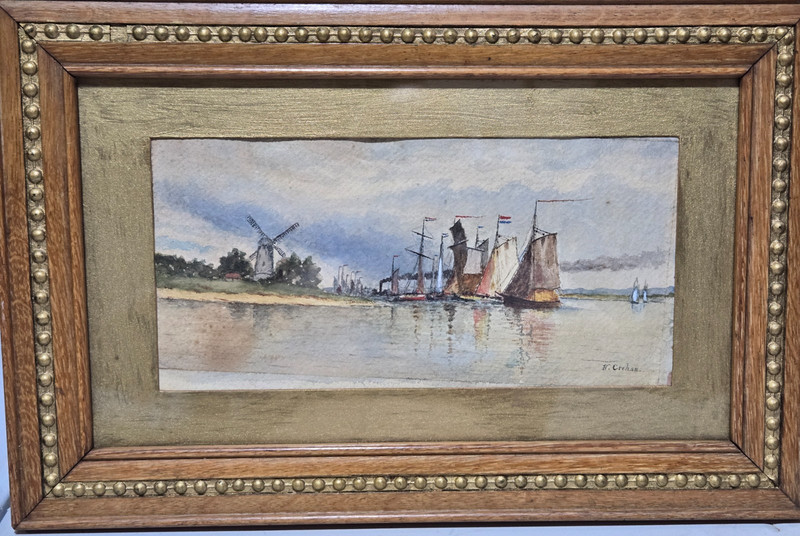 Signed by-H. Crehan-Dutch Seaport Coastal Original Watercolor Painting-19.5″X13″