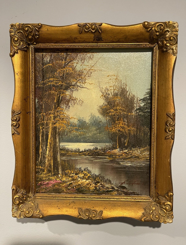 Small Vintage signed framed original oil on canvas river landscape 1983