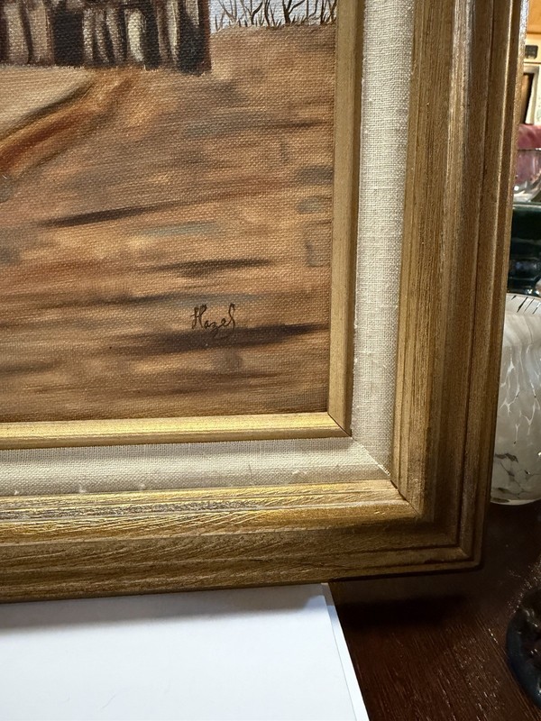 Hazel Douglas Framed Signed Oil on Canvas Painting Barn Windmill Landscape 14x18 gallery