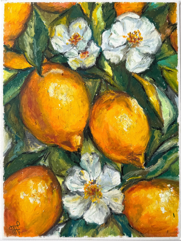 Lemons Painting Fruit Original Art Flowers Abstract Wall Art Oil Pastels Artwork
