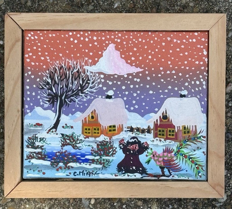 Signed Original Folk Art Painting in Frame – Charming Snowy Village