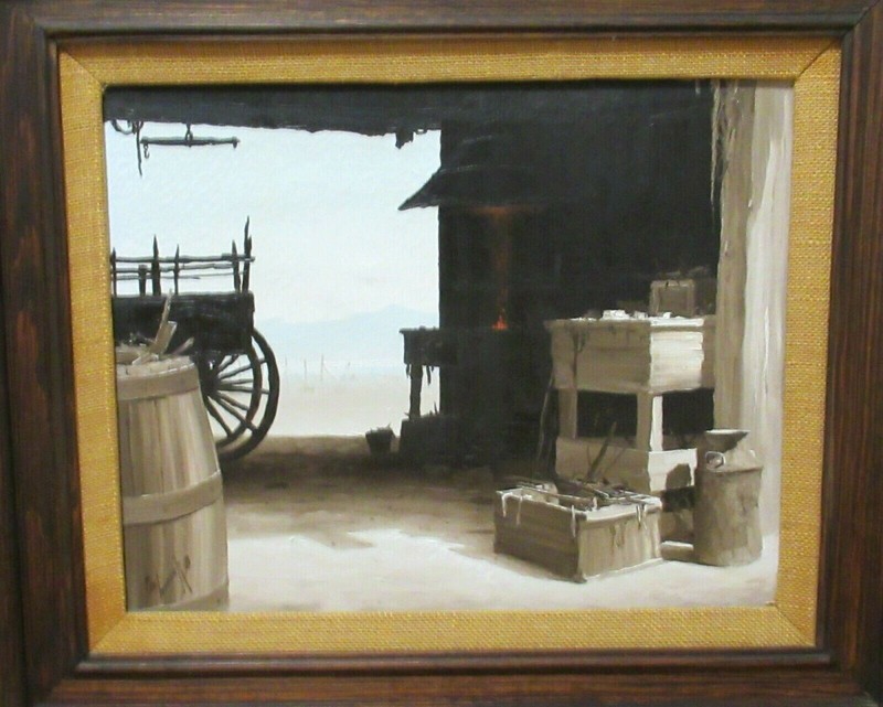 PAUL WEBER JR BLACKSMITH SHOP ORIGINAL OIL ON CANVAS WESTERN LANDSCAPE PAINTING
