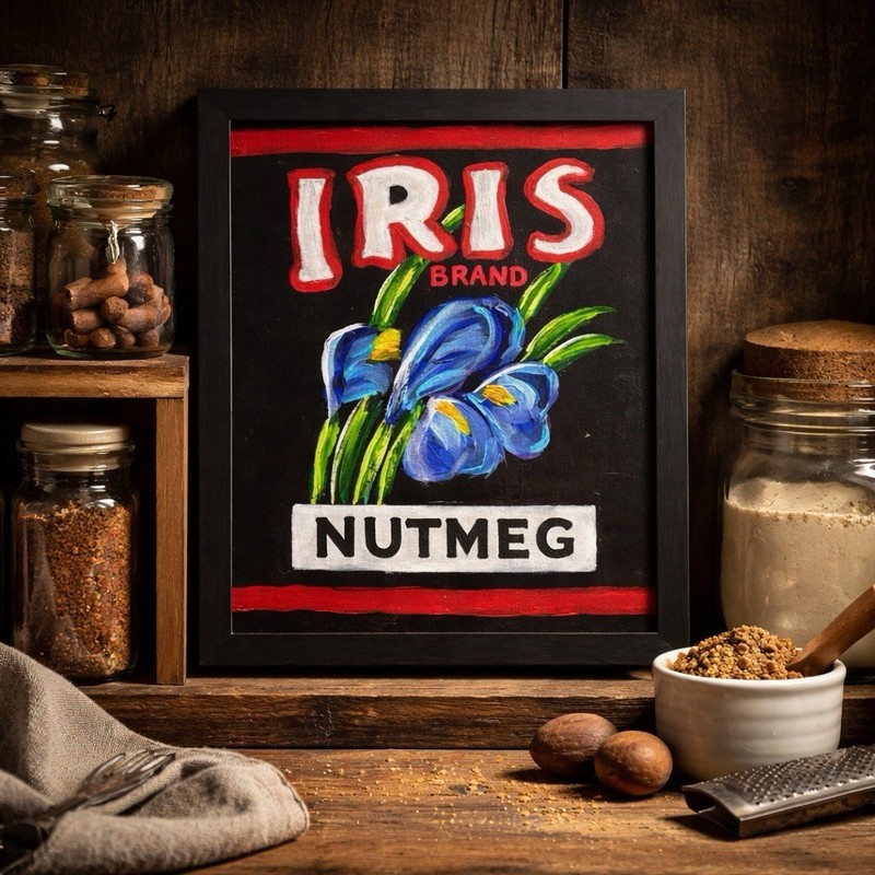 Vintage Nutmeg Tin Painting Iris Flower Kitchen Wall Art Framed 8×10