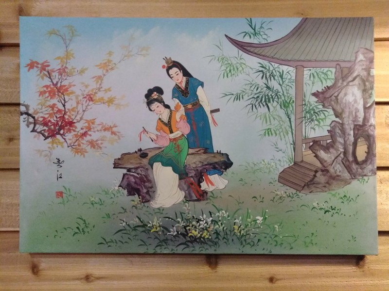 Two Asian Women Outside Oil Painting On Canvas 36″ X 24″ Signed