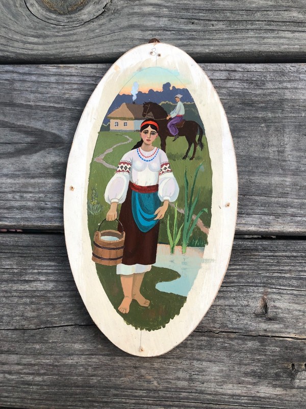 Vintage Eastern European Woman W/Wooden Water Bucket Painting About 9.5″Lx5.25″W