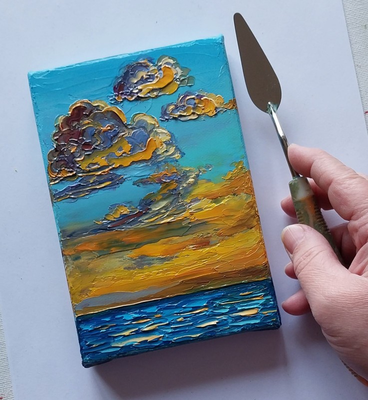 Small Canvas Seascape Golden Sunset Clouds Over Sea 4x6" Original Oil Painting gallery