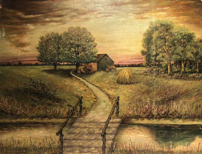 Vintage C.1930 Original Oil Painting By Andrew Weigand Farm Landscape & Stream