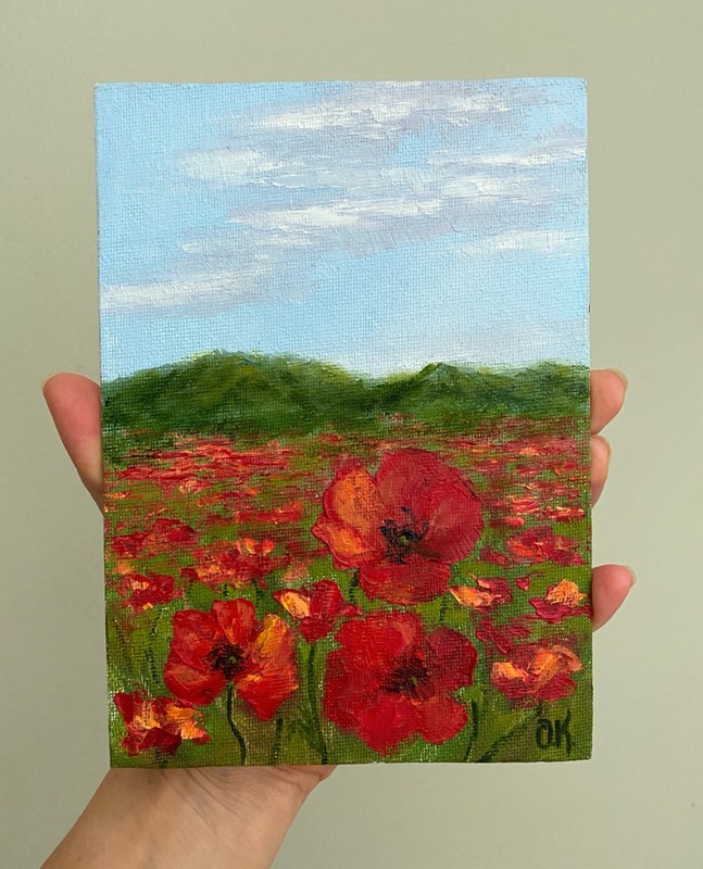 Poppy Oil Painting Original Wildflower Meadow Poppy Field Small Wall Art 5"x7" gallery