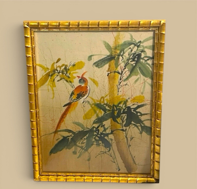Vintage Asian Watercolor on Cork Paper Bird Floral Gold Bamboo Frame 14″ X 11″