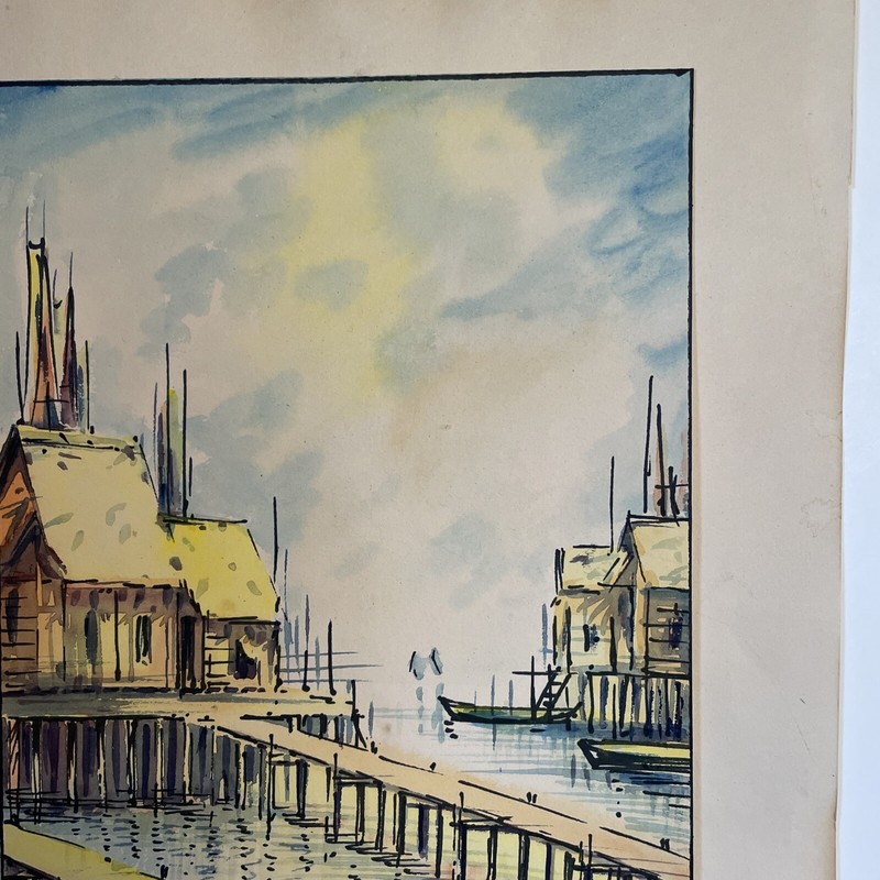 Vintage Original Signed Pen & Ink Watercolor Painting Village On Waterway Dock gallery
