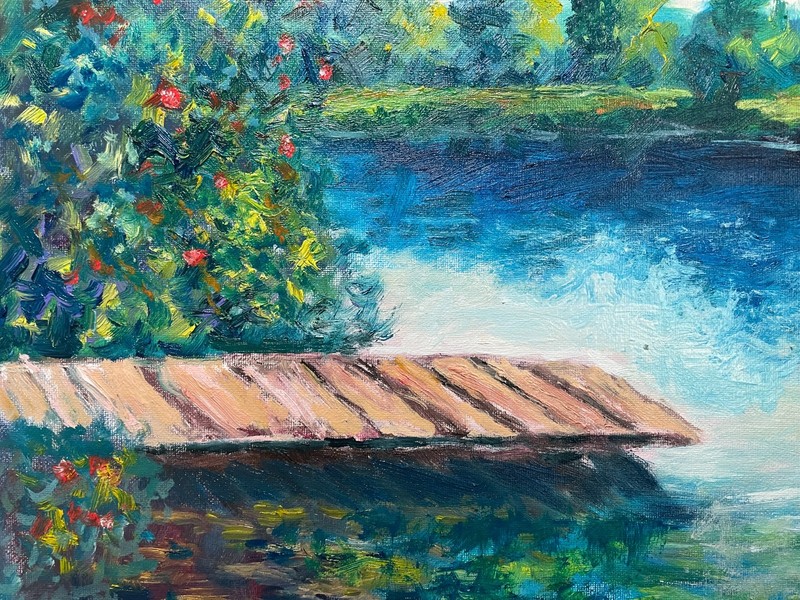 ORIGINAL OIL PAINTING LANDSCAPE LAKE DOCK IMPRESSIONIST WALL ART 12x16 gallery