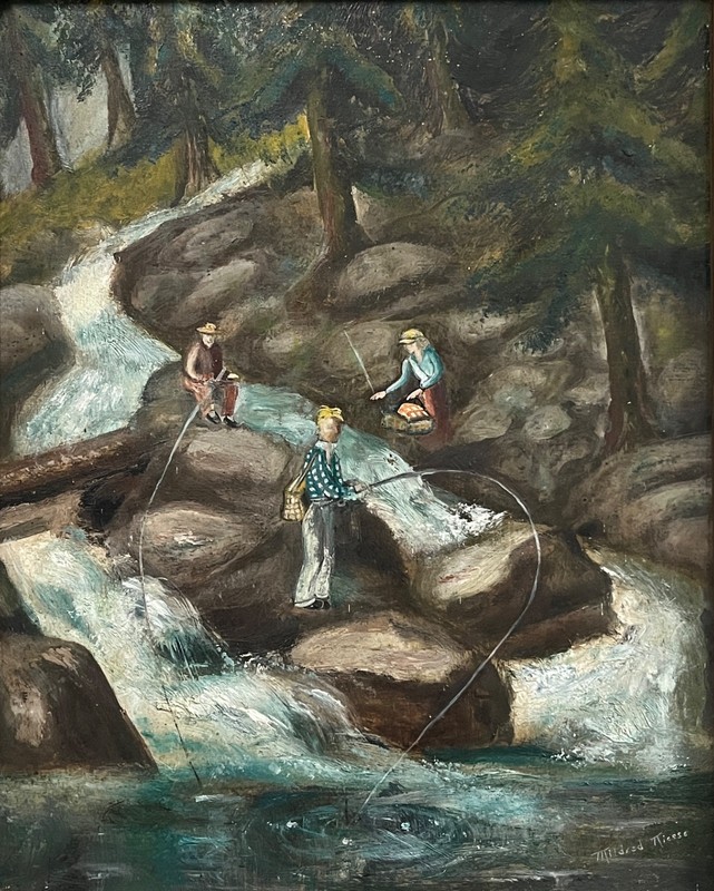 Original Painting by Mildred Niesse Fishing Oregon Mountain Stream