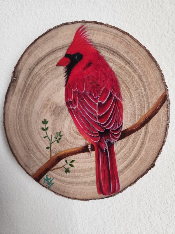 Red Cardinals Hand Painted on Wood Slice Wall Hanging 7″x7″