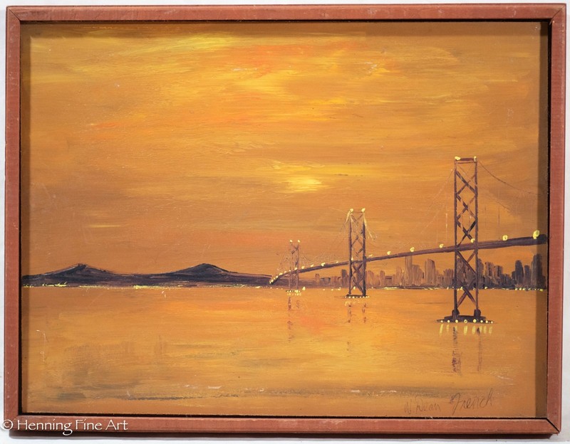Fine Mid Century Cityscape Oil Painting with Long Bridge by W Dean French 13×17″