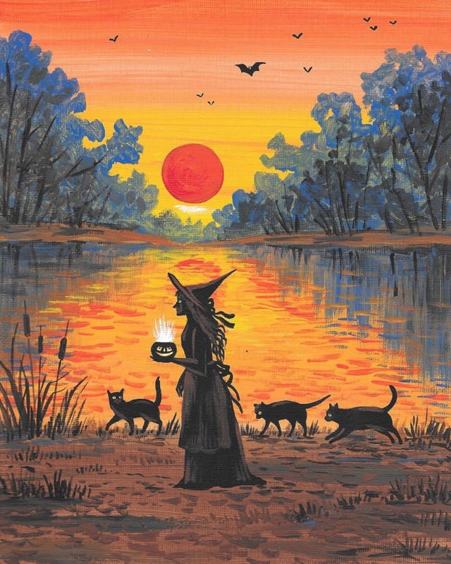 11×14 PRINT OF PAINTING RYTA WITCH BLACK CAT AUTUMN LANDSCAPE HALLOWEEN folk art