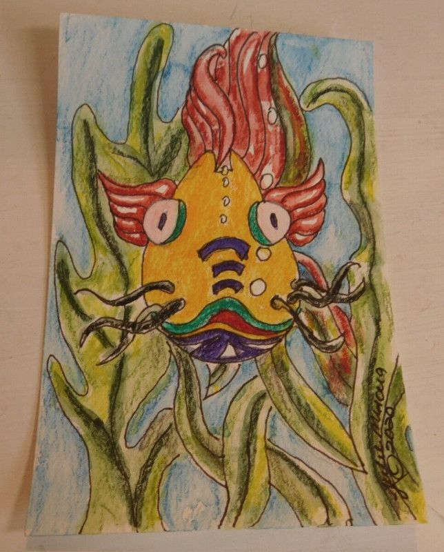 Goofy Fish- 4×6 / postcard painting – frameable by Julie Miscera Inktense