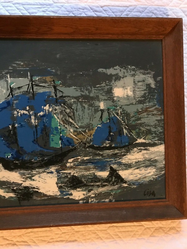 VINTAGE 50s abstract original hand painted oil PAINTING by Cisa seascape ships gallery