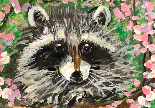 ORIGINAL ACEO Painting RACCOON Spring Flowers Landscape Animal Wild Nature ART