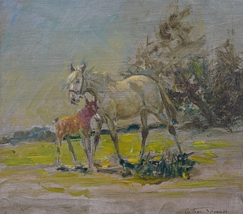 Horses in a Landscape, Mare with her Foal Oil Painting Arthur Spooner RBA c1920s