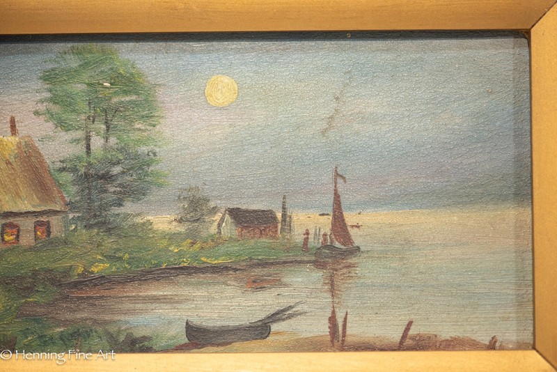 Antique Virginia Oil Painting Riverside Cottage Full Moon Signed "MB" 6.25x13.75 gallery