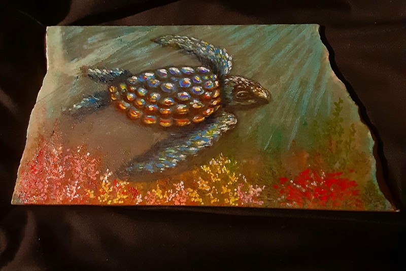 OOAK Hand Painted Seaturtle underwater scene on a slice of Honeycomb Calcite.