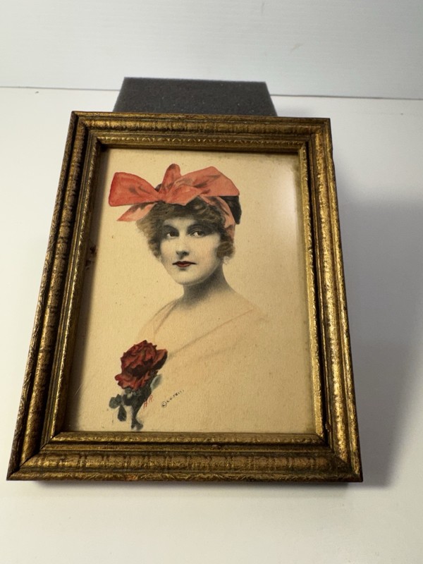 Hand Painted Antique 1907-1915 Postcard Signed Framed In Vintage Wooden Frame