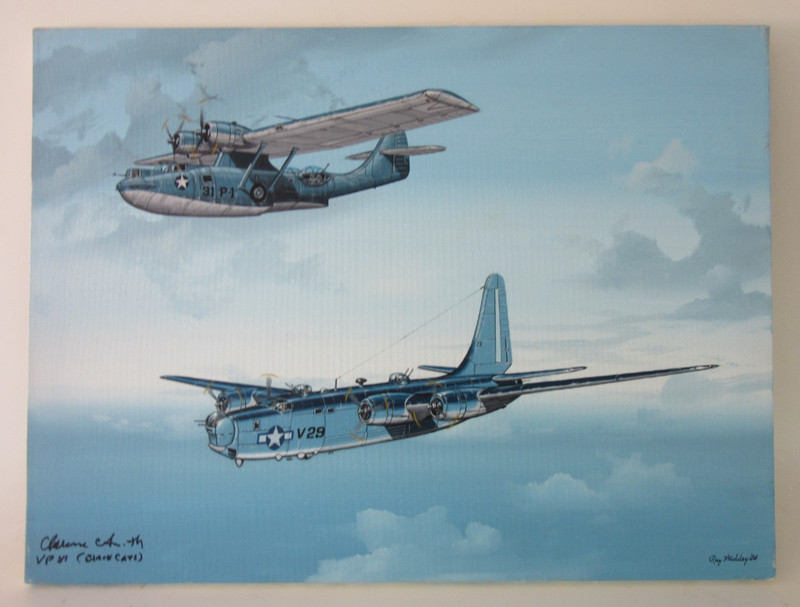 Raymond Waddey Painting USA PB4Y-2 Privateer and PBY Catalina Signed, 18″x24″