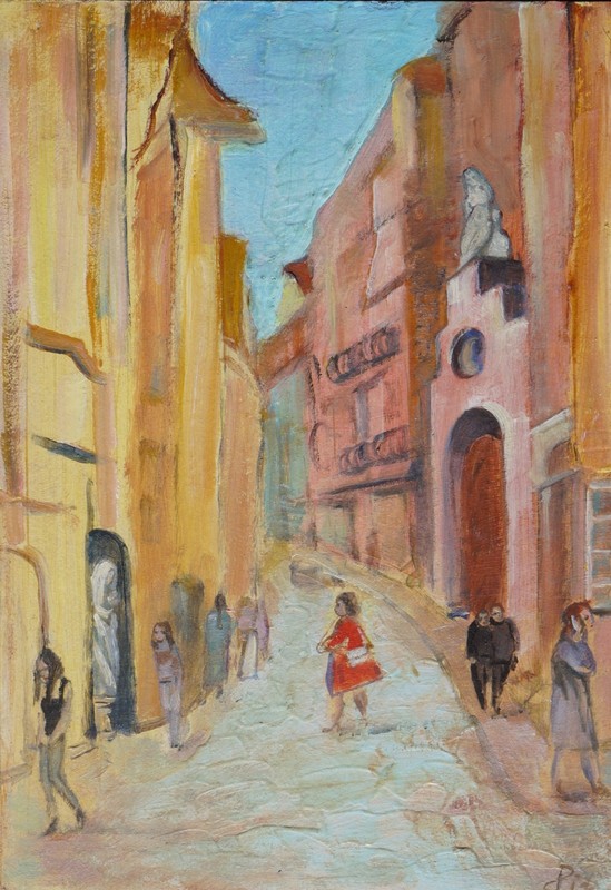 Oil painting original mixed media cardboard Old town 21x29 cm Dora Pilssala gallery