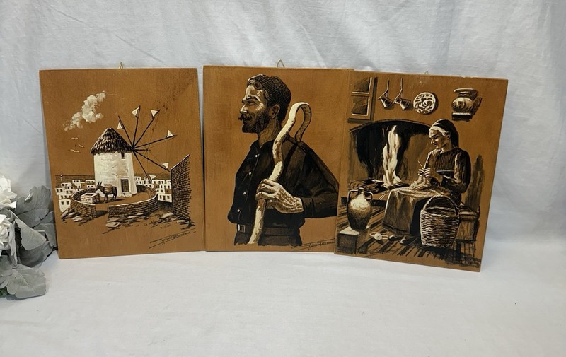 3 Portraits Art Handmade In Myconos Greece By Michael Chryssanthakis Wood 9×12”