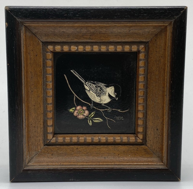 Jeanne Reifel Signed Scratch Board Black White Bird & Pink Flower Miniature. 21