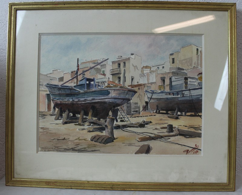 Marc Plasaules Painting – Watercolor – Boats on Dry Dock – 1976 PLA