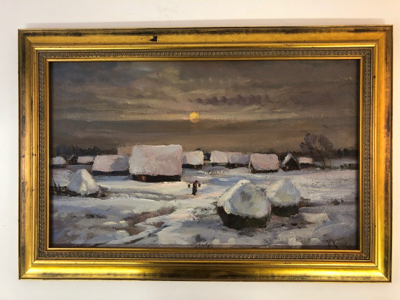 V. Krivsky Oil On Masonite Impressionist Night Winter Landscape 20 1/4” X 29 3/4