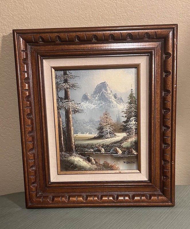 VTG 1970 Signed R. Shelton Winter Landscape framed 16×14 oil painting on canvas