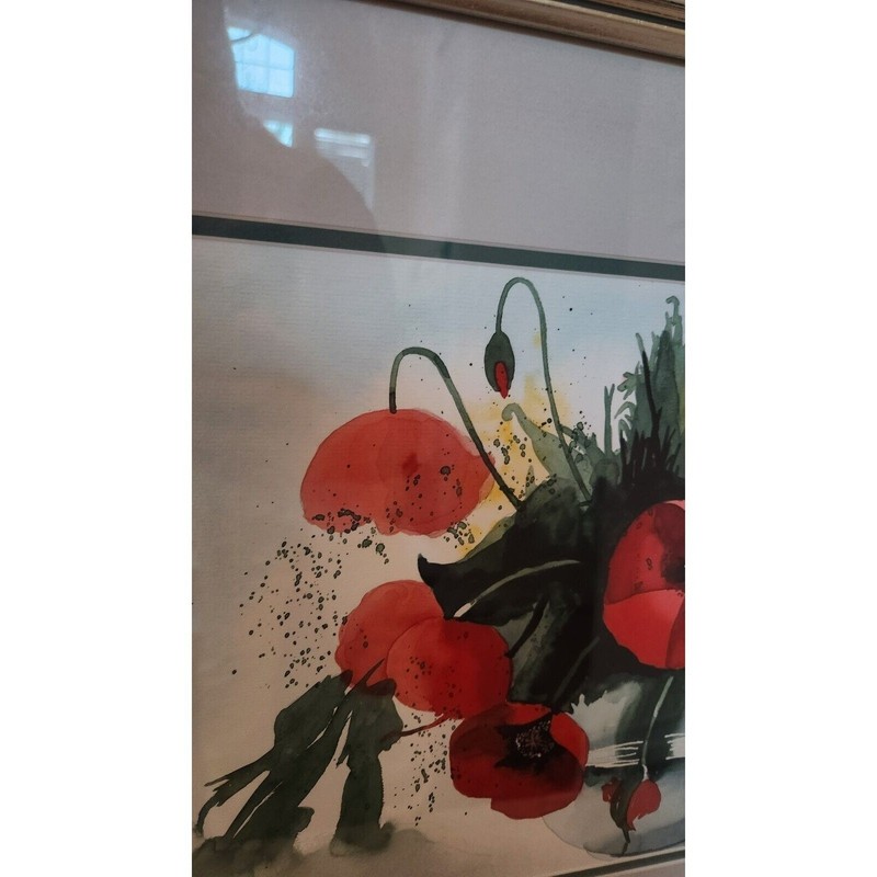Signed Red Poppy Watercolor Painting: Framed Floral Wall Art gallery