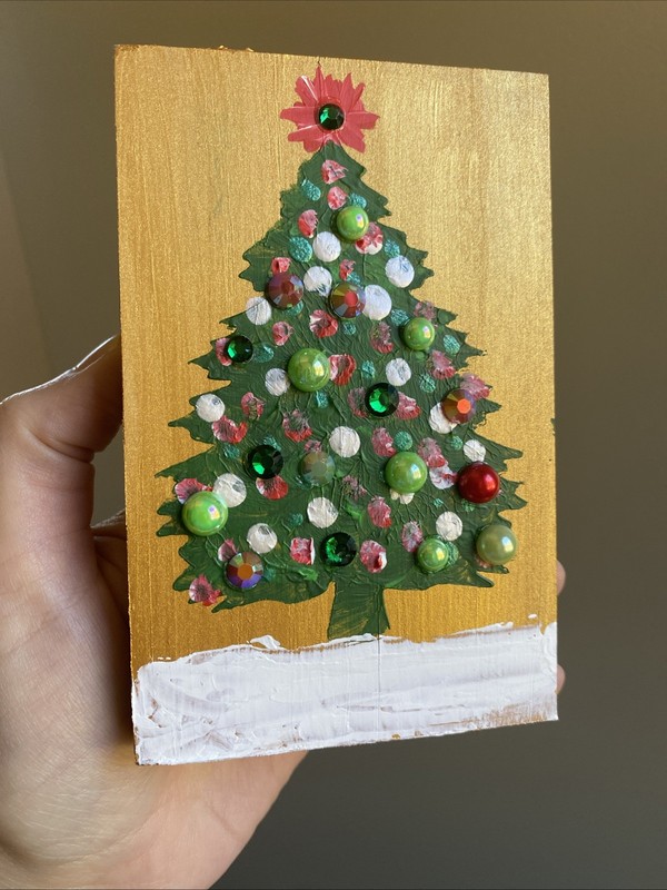 Christmas Tree Winter Original Acrylic Painting On Wood Block ,