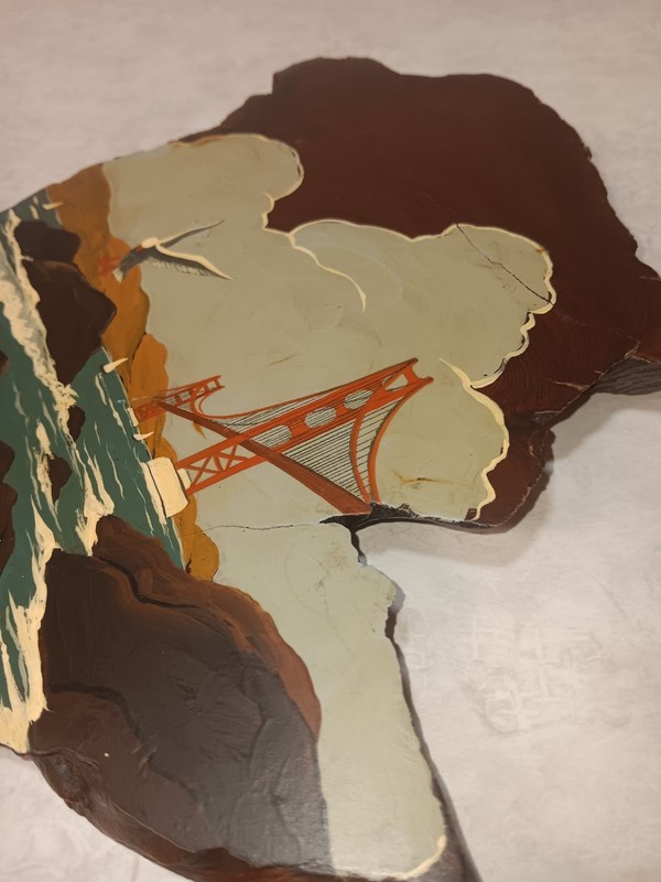 Vtg Acrylic Painting Wood Slab SF Golden Gate Bridge Ocean Scene gallery