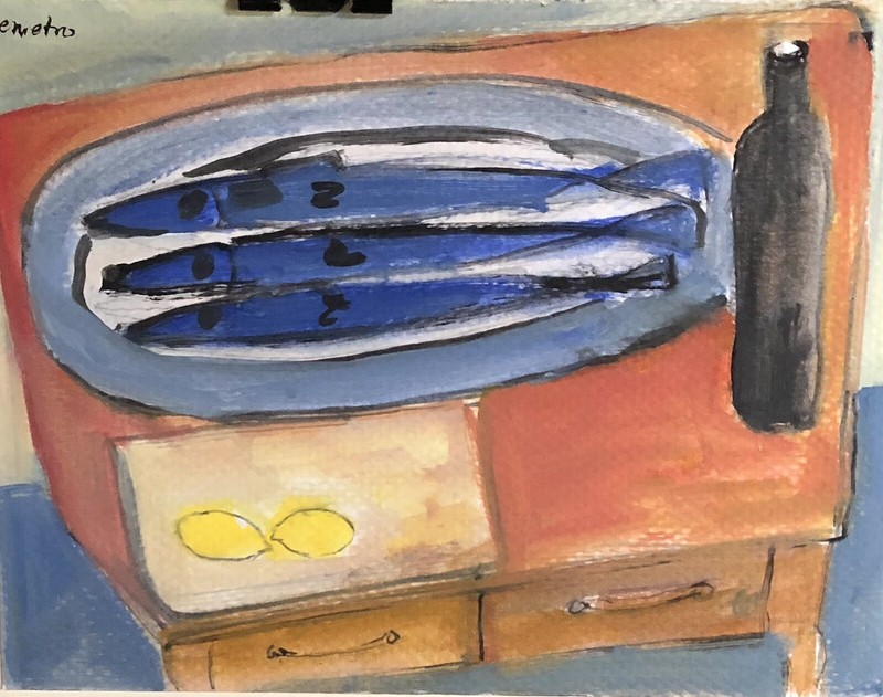 Cubist Still Life with Fish, By Listed DC Artist Oil Painting 6” x 8”