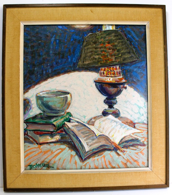 TED MILLER OIL PAINTING PAPER SIGNED MODERN EXPRESSIONIST TILL LIFE MID CENTURY