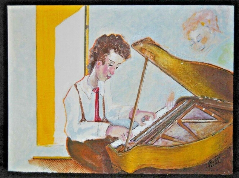 LIKE THIS SON Orginal Acrylic on Canvas Young Boy Piano Mom in Heaven 12″ by 16″