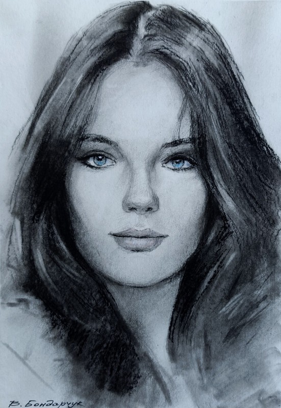 Original charcoal drawing girl portrait. black and white charcoal sketch art