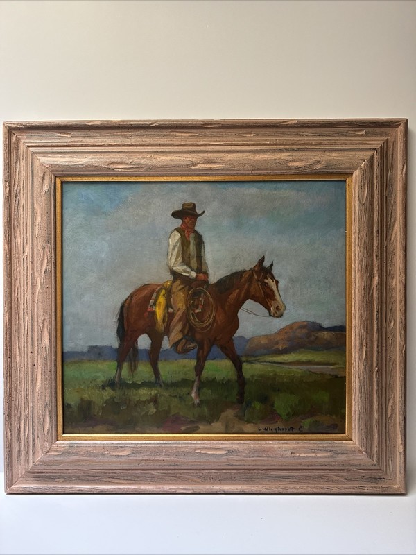 OLAF WIEGHORST PAINTING ANTIQUE COWBOY OR INDIAN HORSE LANDSCAPE OIL 1930’S