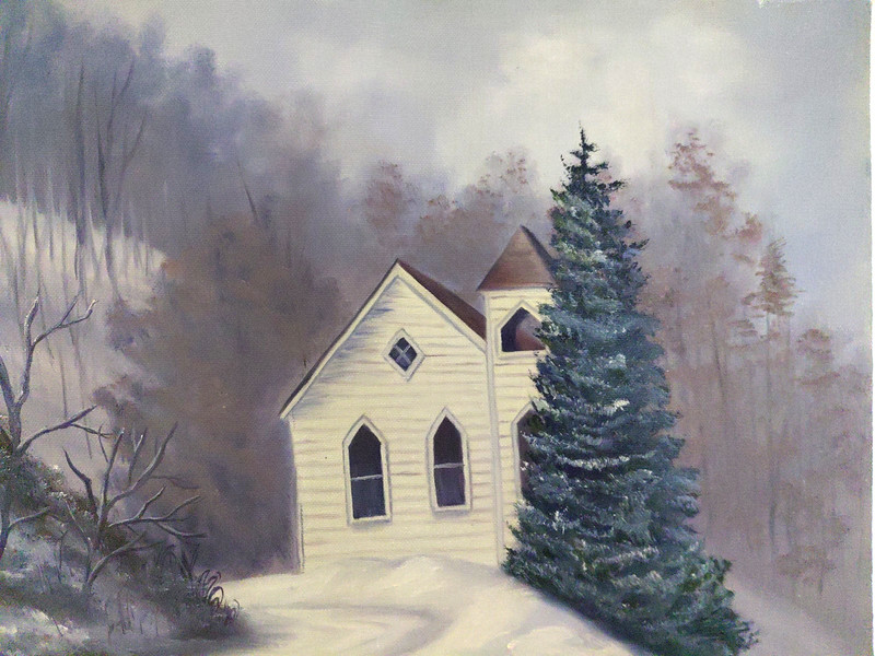 Dramatic Snowy Evening Mountain Church OOAK 18×20″ Unframed