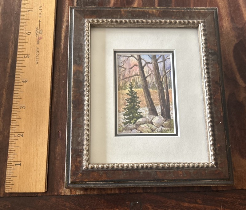 Vtg Original Mini Woodland Watercolor 2x3”; Signed; L. Sternard 5.5”x6.25”Frame gallery