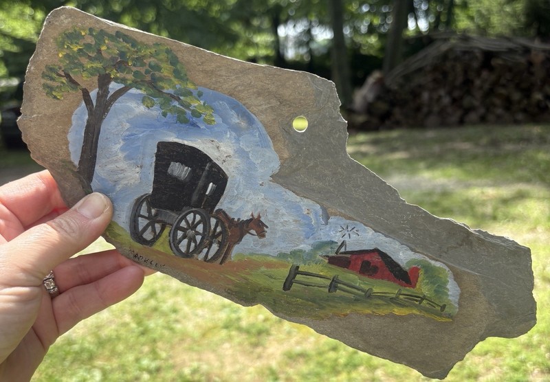 Hand Painted Farm Scene On Slate Signed Buggy Barn Vintage